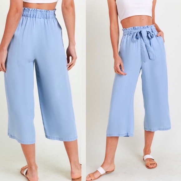 High Rise Tie Waist Tencel Denim Paperbag Trousers - Picture 2 of 3